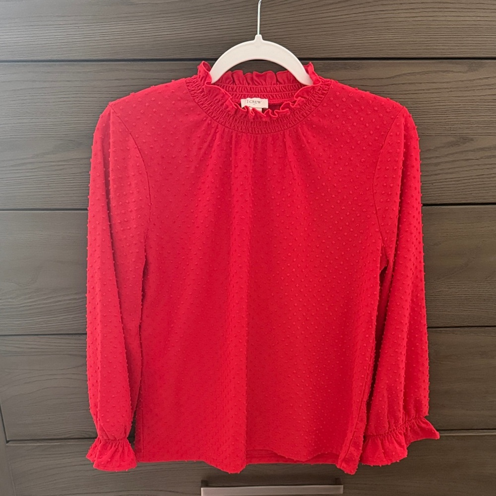 J Crew Red Textured Ruffle Blouse